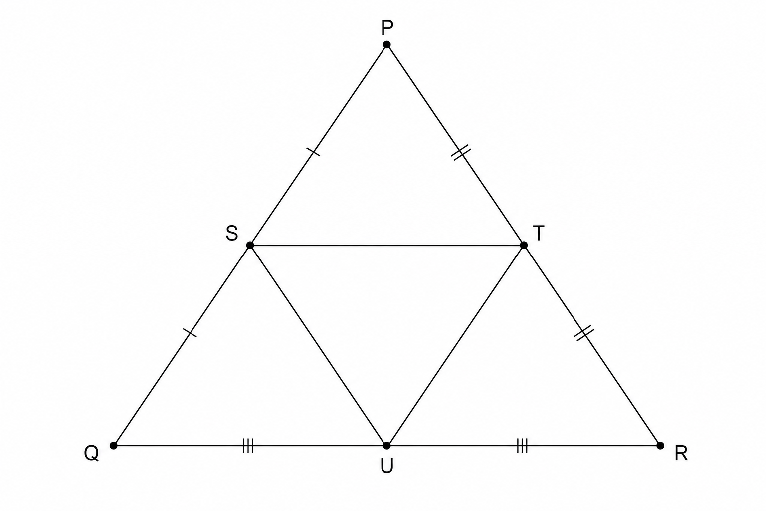 Diagram of triangle PQR with midpoints S, T, and U.