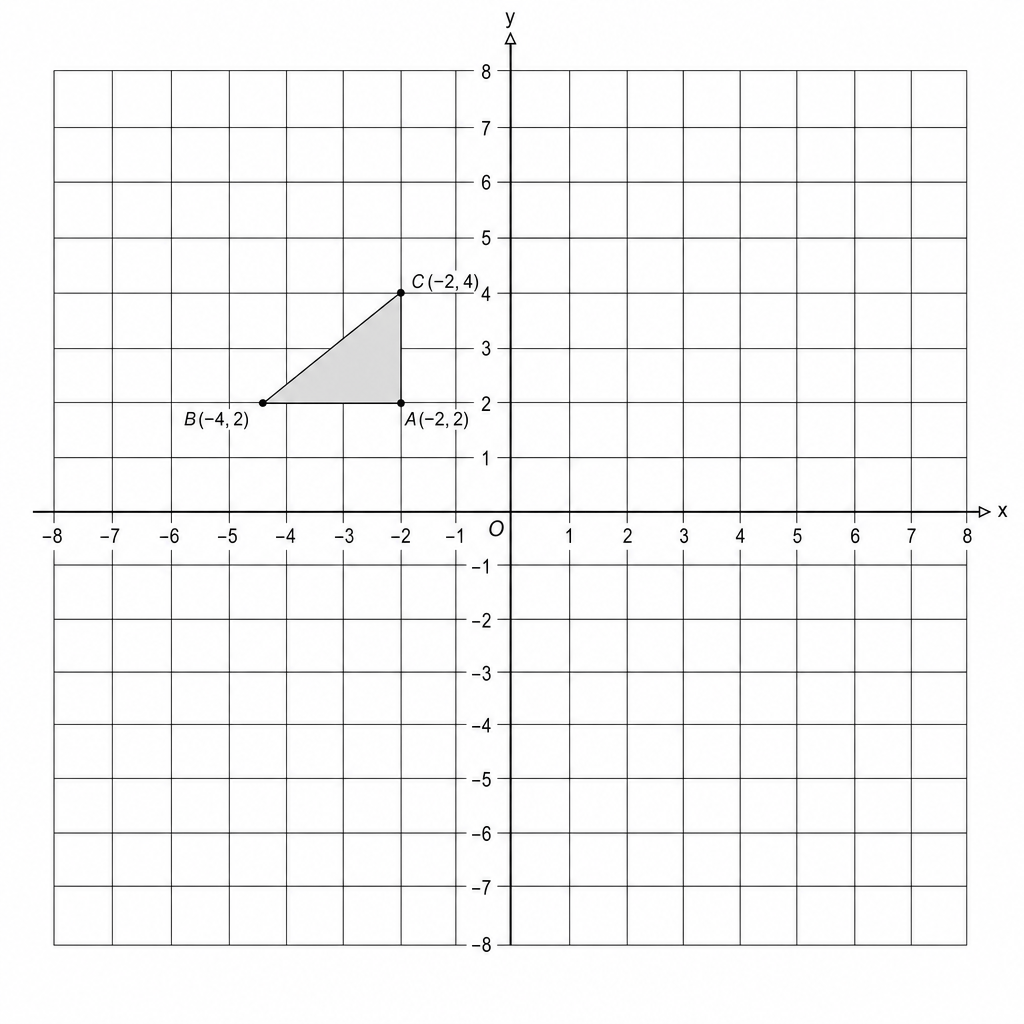 A coordinate grid with x and y axes ranging from -8 to 8. A shaded right-angled triangle is plotted with vertices at (-2, 2), (-4, 2), and (-2, 4). The origin is labeled O.