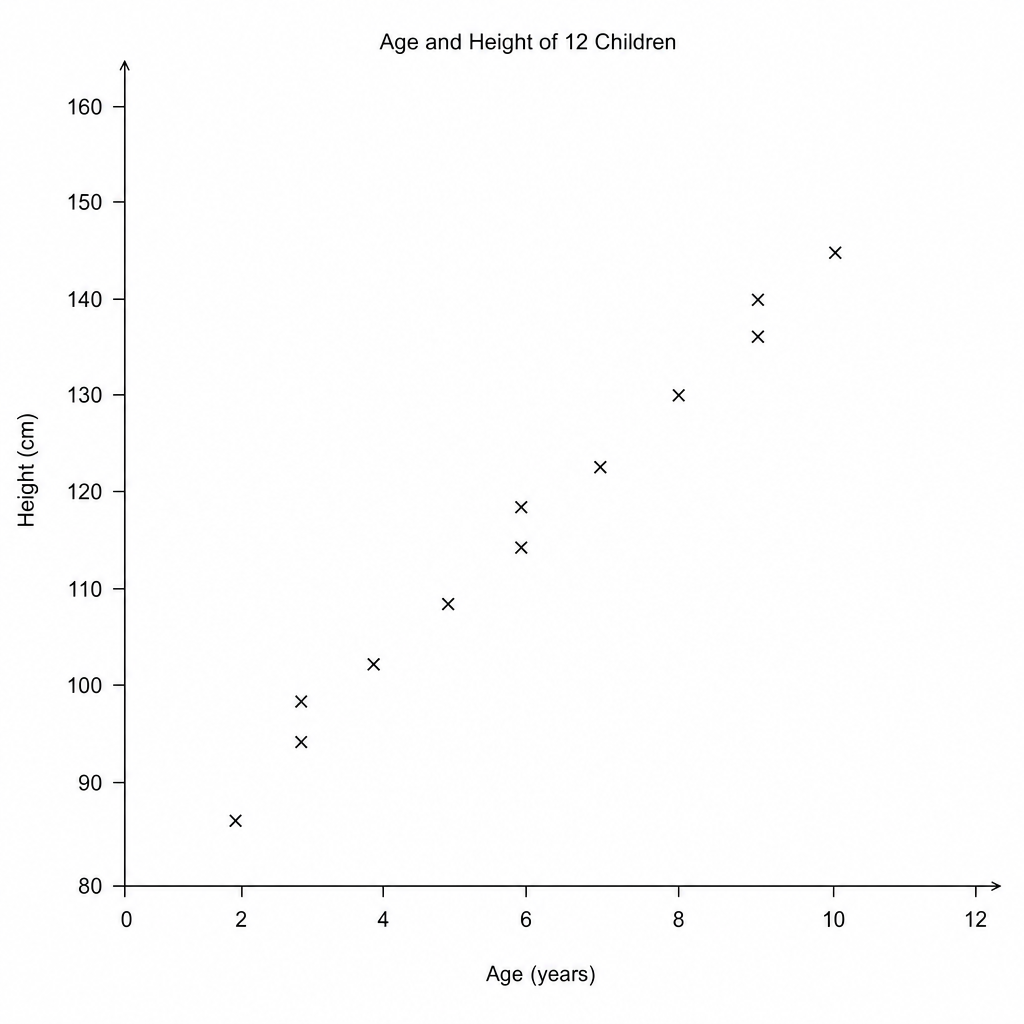 Scatter graph showing Age in years (x-axis) and Height in cm (y-axis) for 12 children.