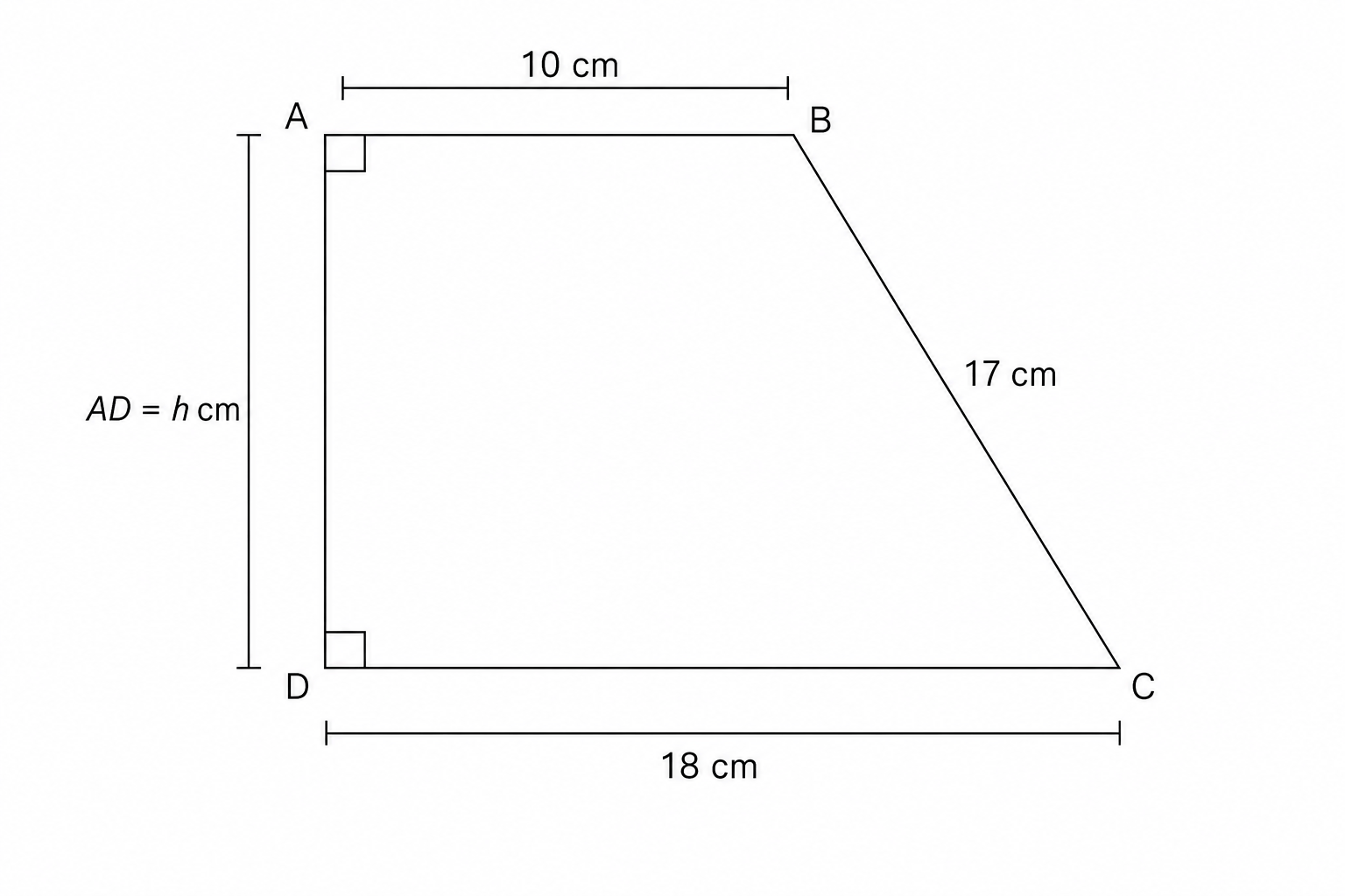 Diagram of a trapezium ABCD with side AB = 10 cm, side BC = 17 cm, and side DC = 18 cm.