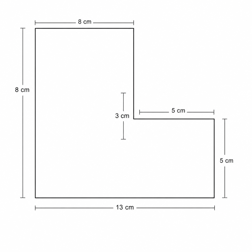 A six-sided shape made from two 8 cm by 5 cm rectangles.