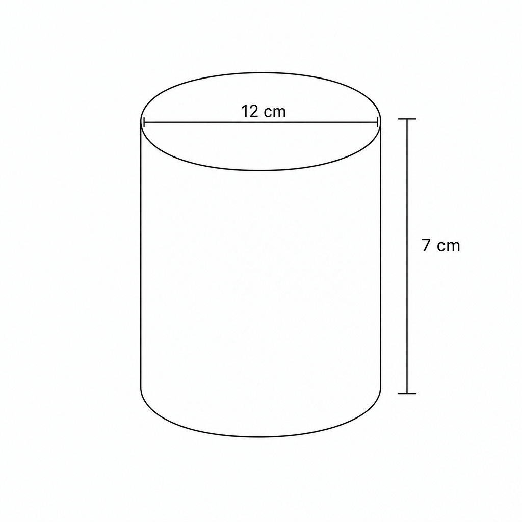 A diagram of a cylinder with diameter 12 cm and height 7 cm.