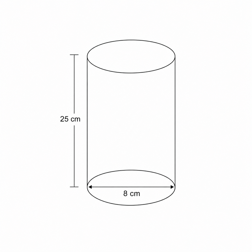 Diagram of a cylinder with diameter 8 cm and height 25 cm.