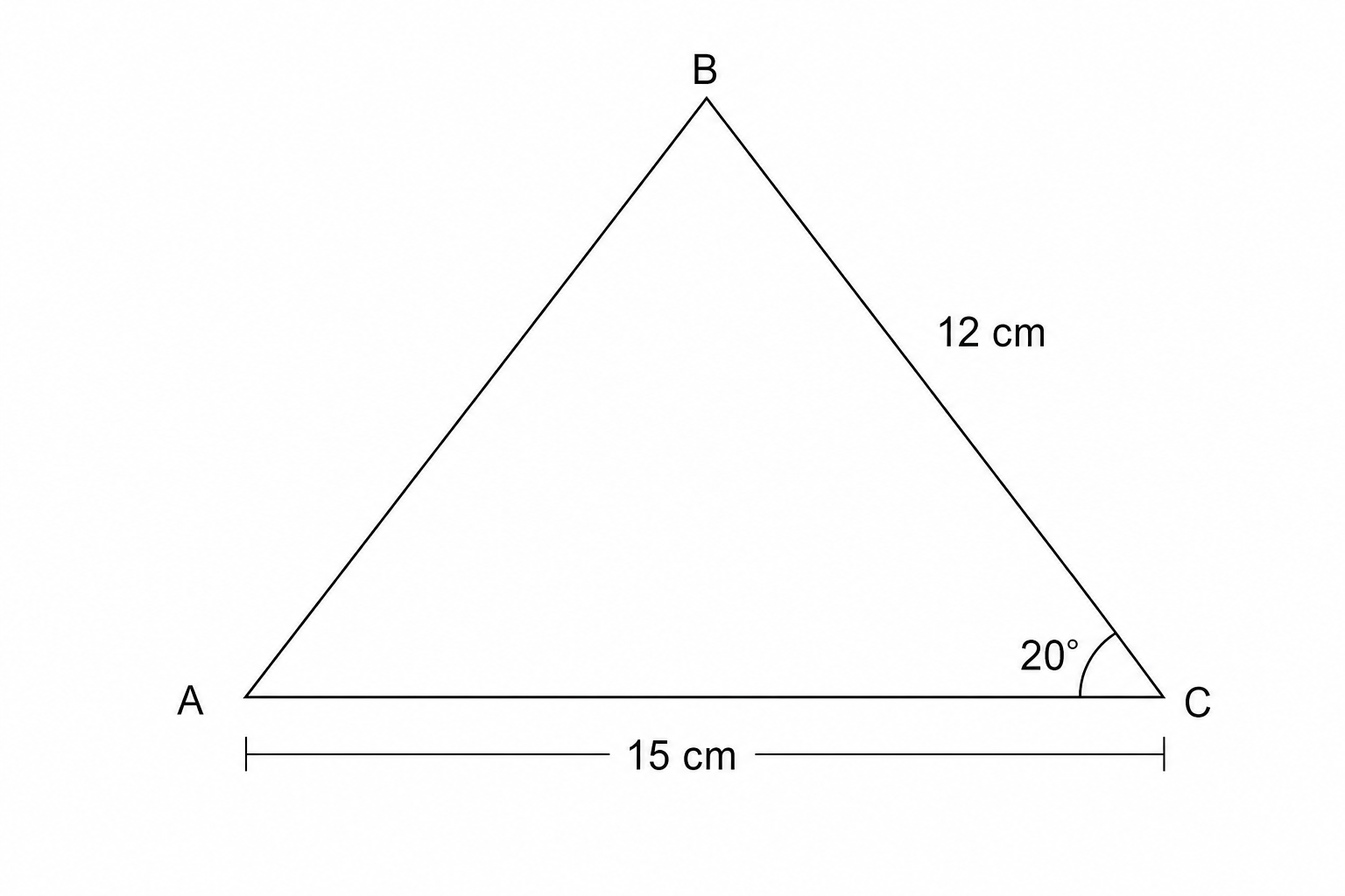 Triangle ABC with side AC = 15 cm, side BC = 12 cm, and angle C = 20 degrees.