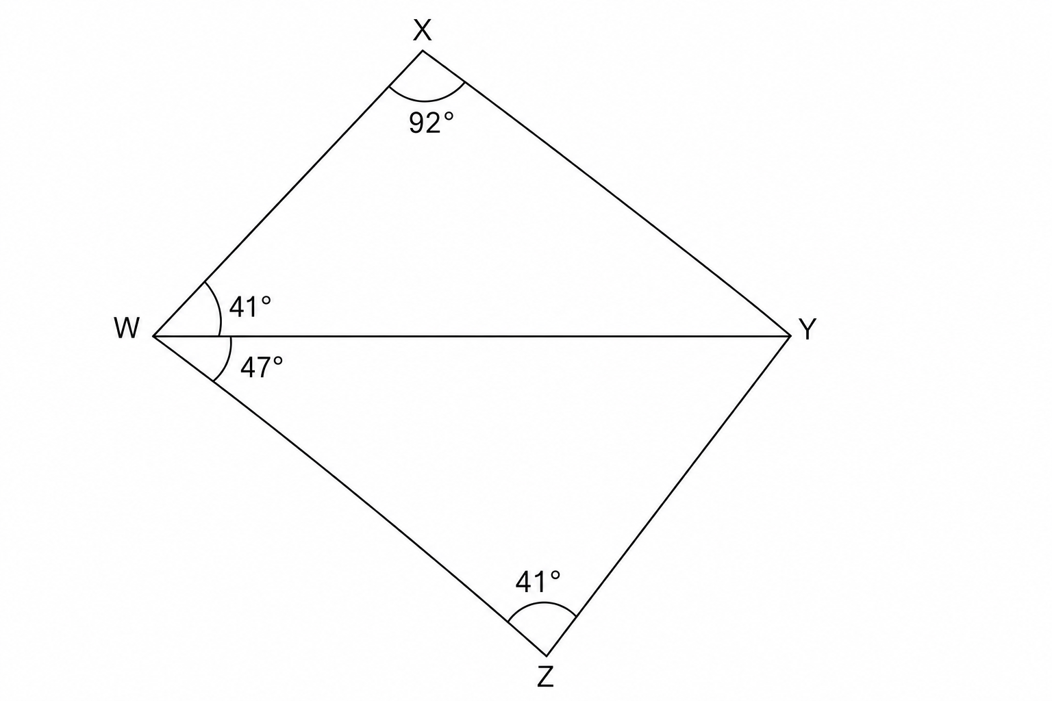 Diagram showing two triangles, WXY and YZW, sharing a common side WY. In triangle WXY, angle X is 92 degrees and angle XWY is 41 degrees. In triangle YZW, angle YZW is 41 degrees and angle ZWY is 47 degrees.