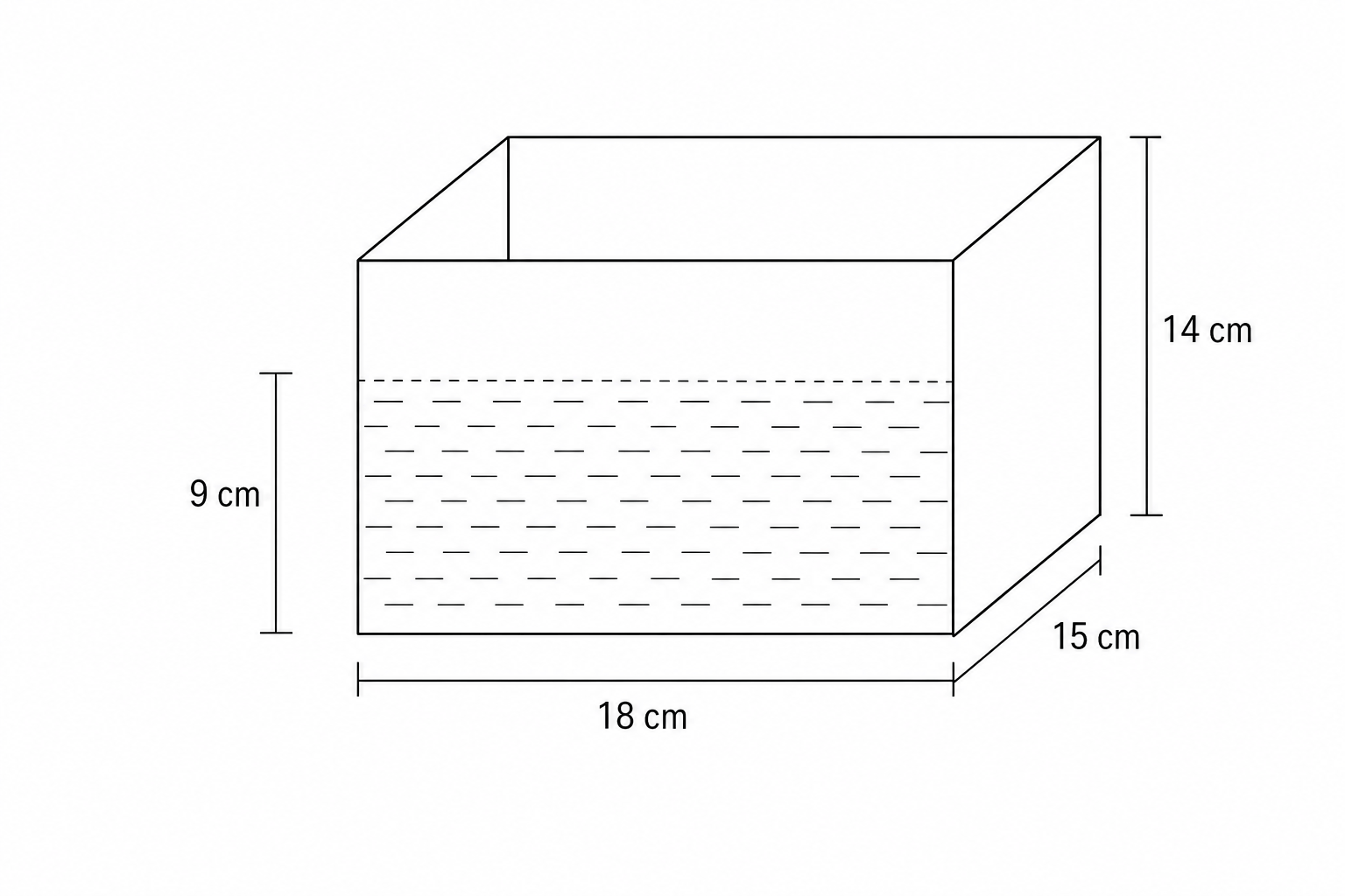 Diagram of a rectangular container with dimensions 18 cm (length), 15 cm (width), and 14 cm (height).