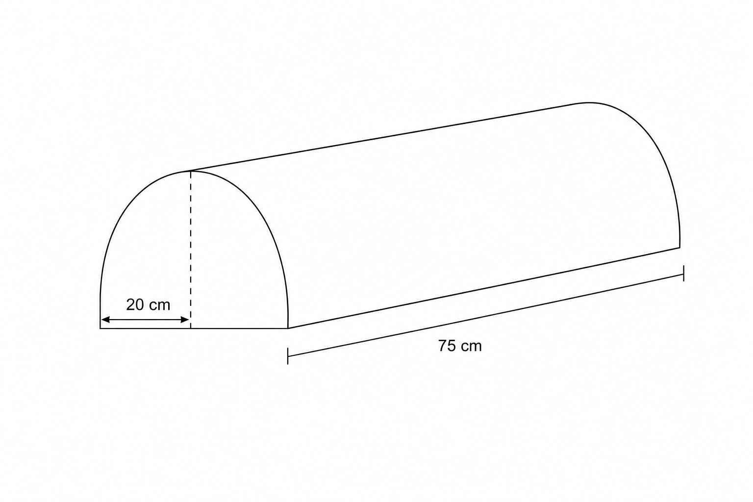 Diagram of a semi-cylinder with radius 20 cm and length 75 cm.