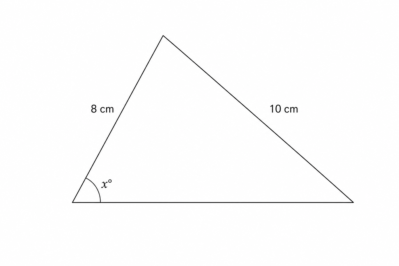 A triangle with two sides of length 8 cm and 10 cm, and an included angle of x degrees.