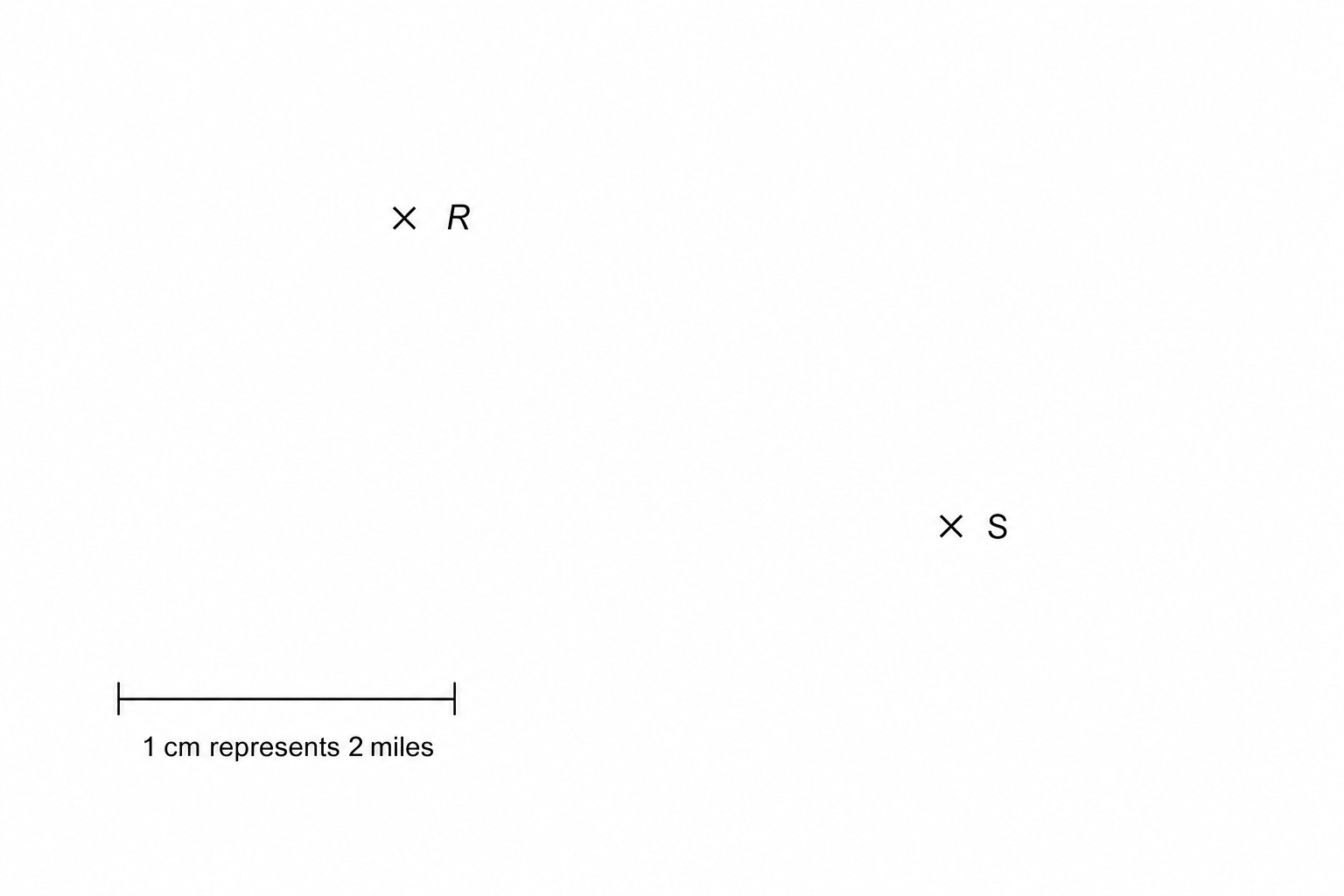 A diagram showing two tracking stations, R and S, marked with 'x'.