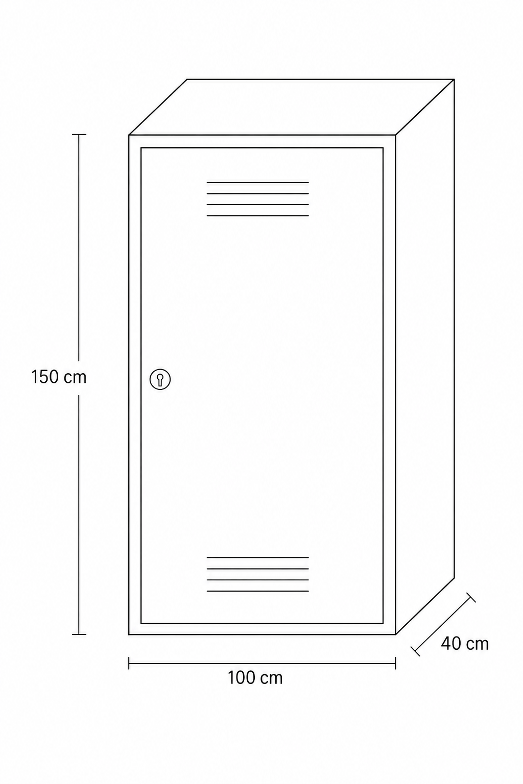 A 3D line drawing of a tall rectangular locker. The front face is 100 cm wide and 150 cm high. The depth is 40 cm.