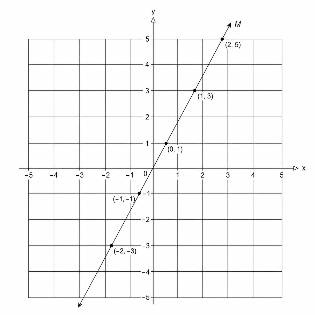 A coordinate grid with x and y axes ranging from -5 to 5. A line labeled M passes through the points (-2, -3), (-1, -1), (0, 1), (1, 3), and (2, 5).