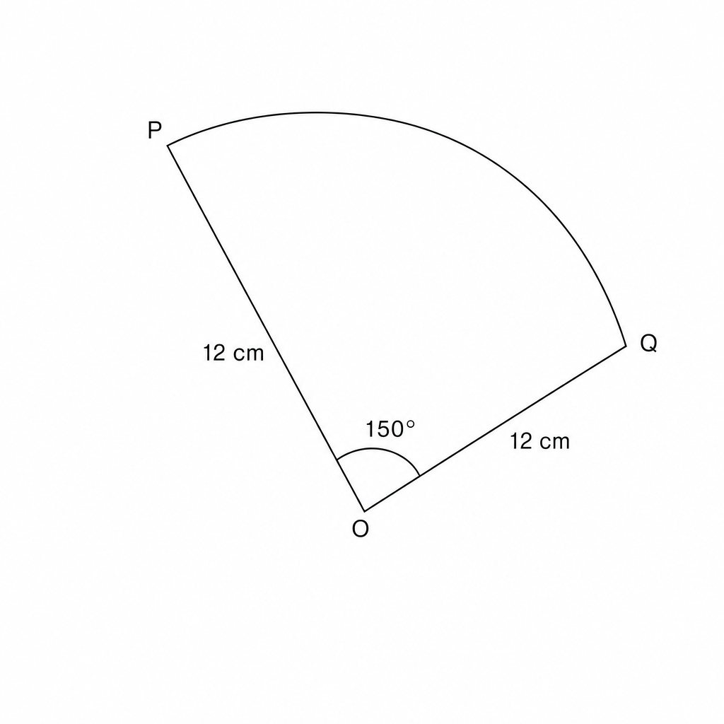 Diagram of a sector POQ with center O, radii 12 cm, and central angle 150 degrees.