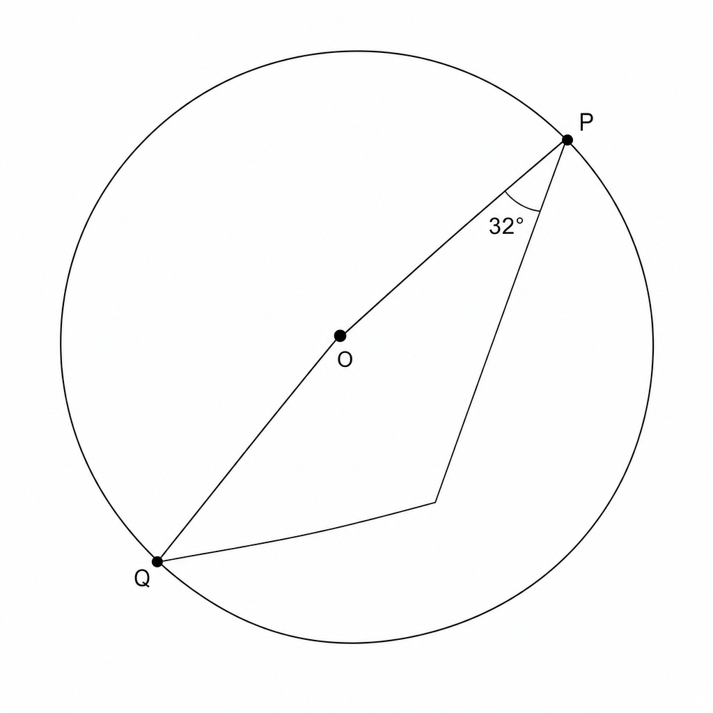 A circle with center O. Points P and Q are on the circumference. Angle OPQ is 32 degrees.
