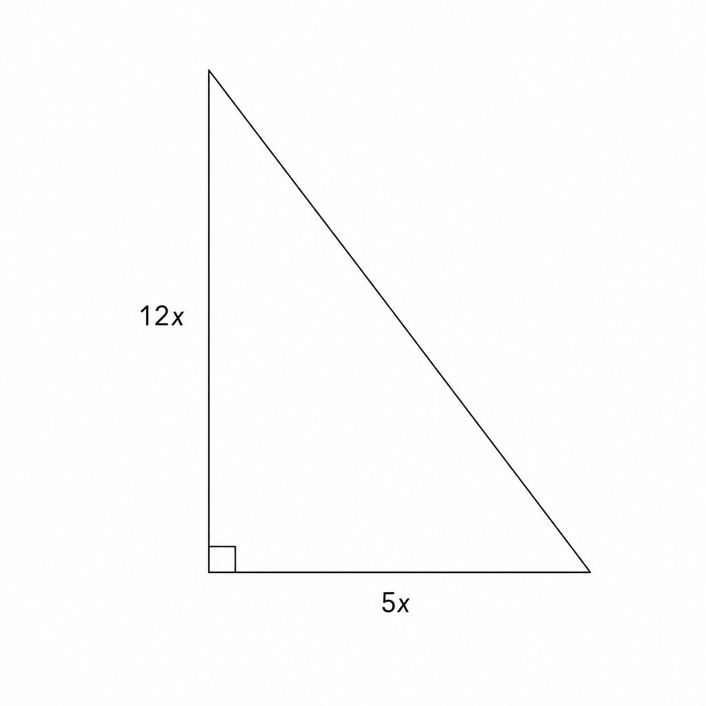 A right-angled triangle with a horizontal base of 5x and a vertical height of 12x.