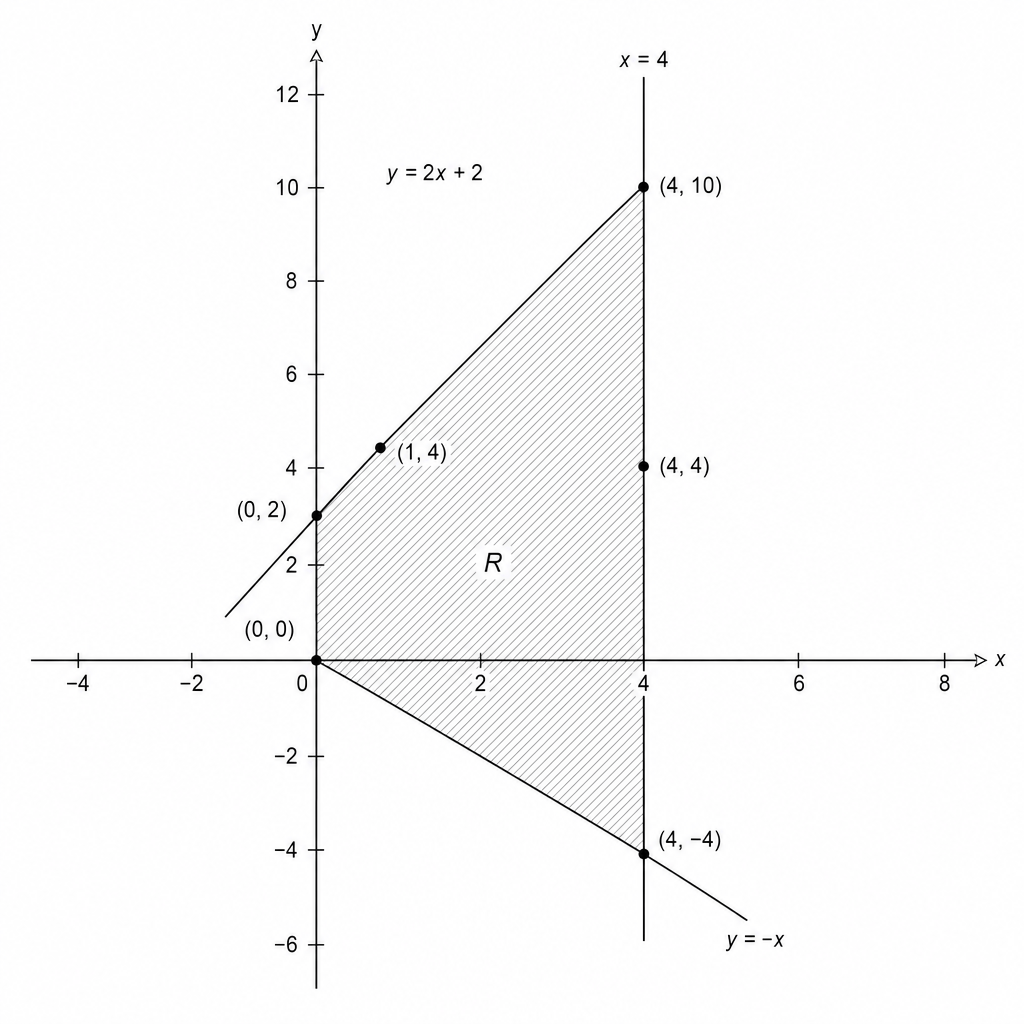 A coordinate plane showing a shaded triangular region bounded by the vertical line x=4, the line y=-x, and the line passing through (0, 2) and (1, 4)