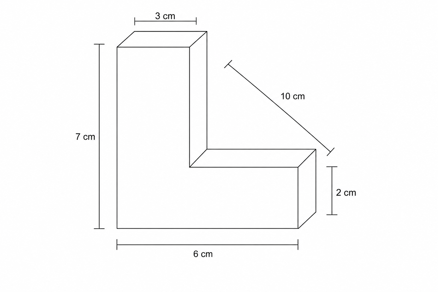 Diagram of an L-shaped prism with dimensions: height 7 cm, vertical width 3 cm, total width 6 cm, horizontal height 2 cm, and length 10 cm.