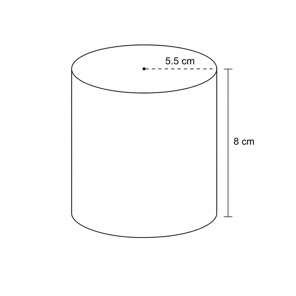 Diagram of a solid cylinder with radius 5.5 cm and height 8 cm.