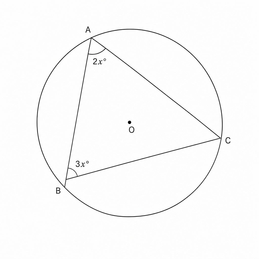 A circle with center O. Points A, B, and C are on the circumference. Line segments AC and BC are drawn, forming a triangle ABC. Angle CAB is labeled as 2x degrees and angle ABC is labeled as 3x degrees.