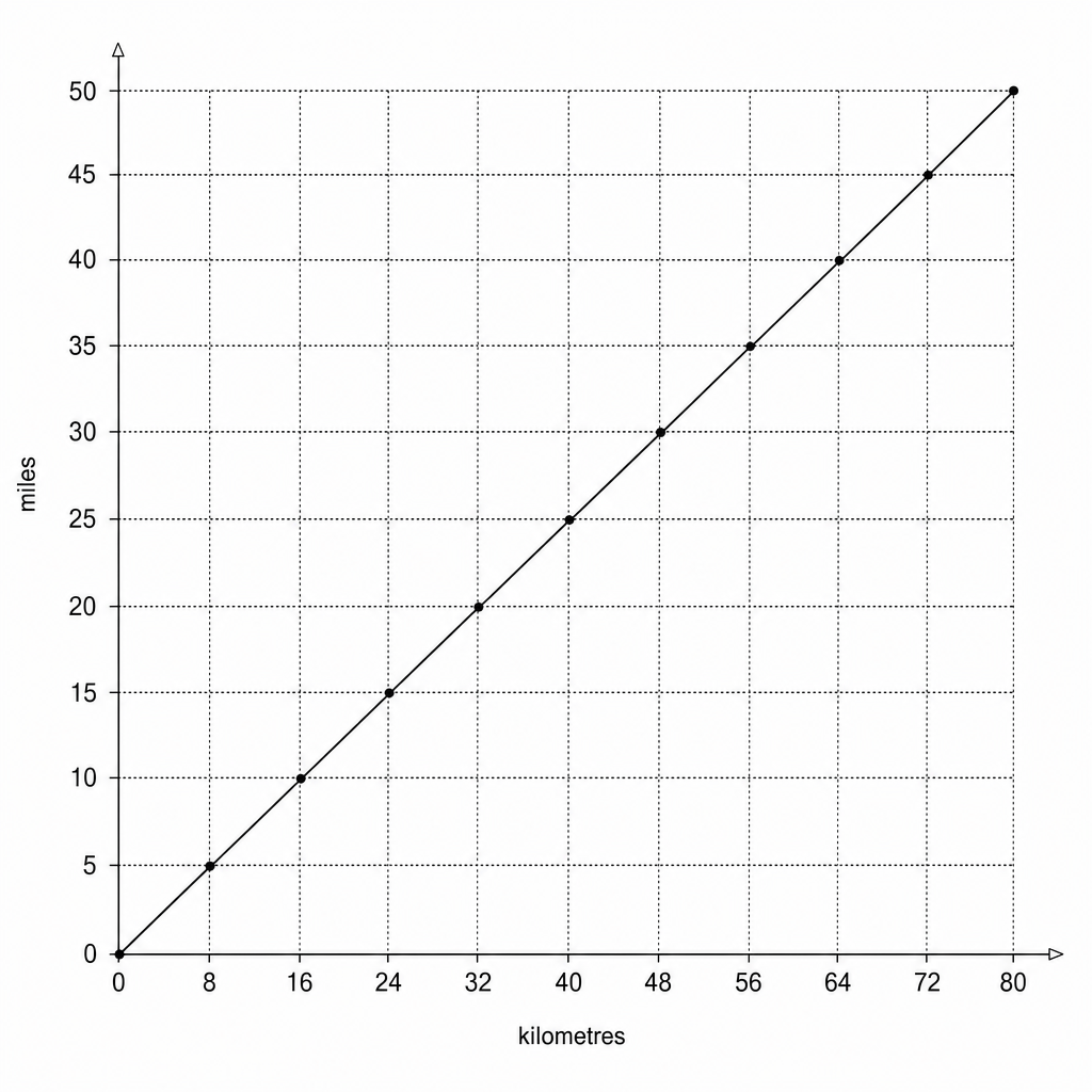 A line graph showing the conversion between kilometres and miles.