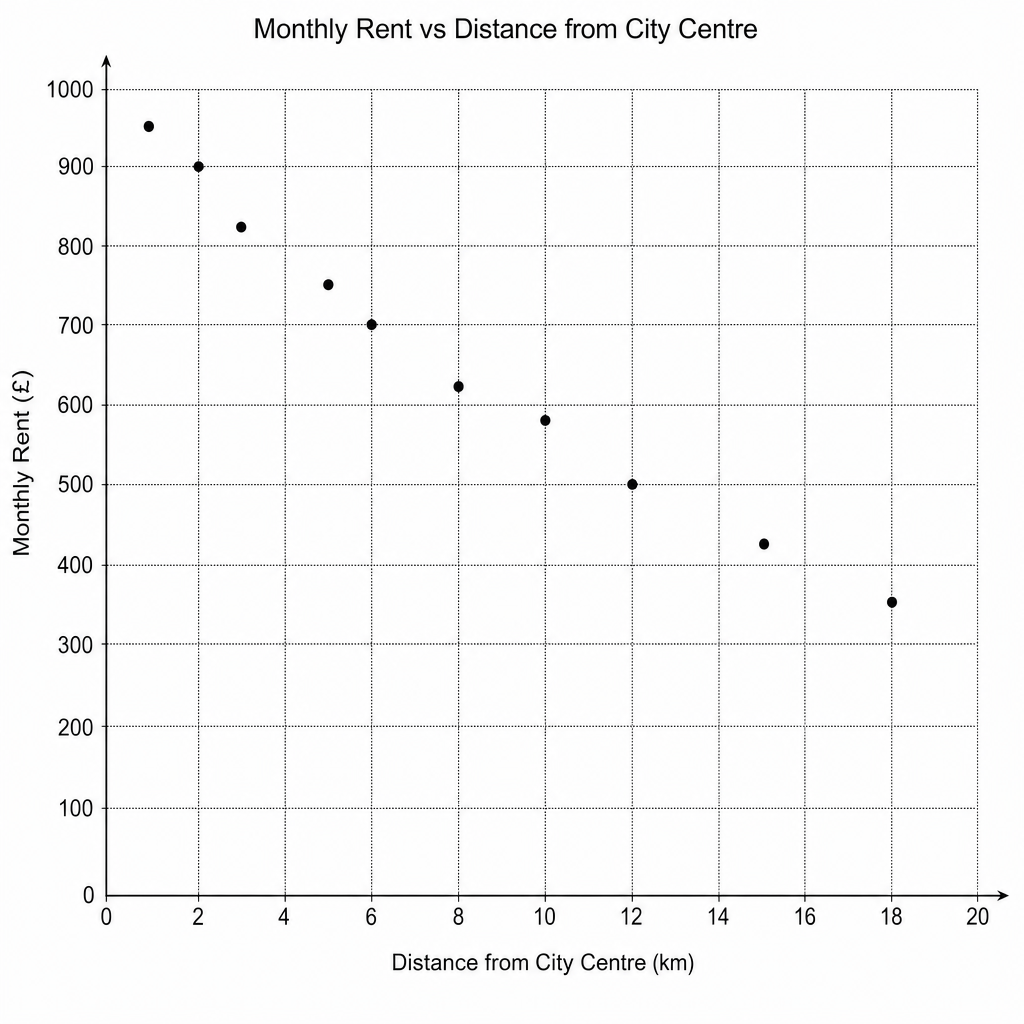Scatter graph showing Monthly Rent vs Distance from City Centre for 10 apartments.