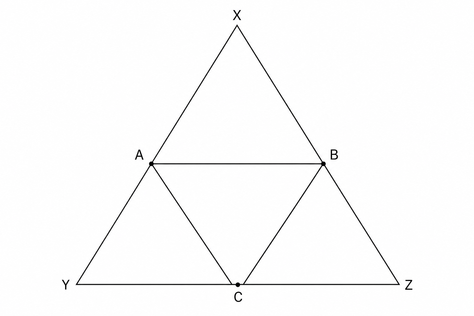 Diagram of triangle XYZ with midpoints A, B, and C.