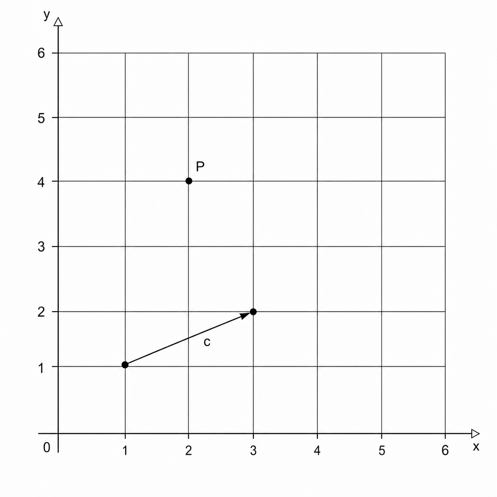 A grid with a vector c and a point P. Vector c starts at (1, 1) and ends at (3, 2). Point P is at (2, 4).