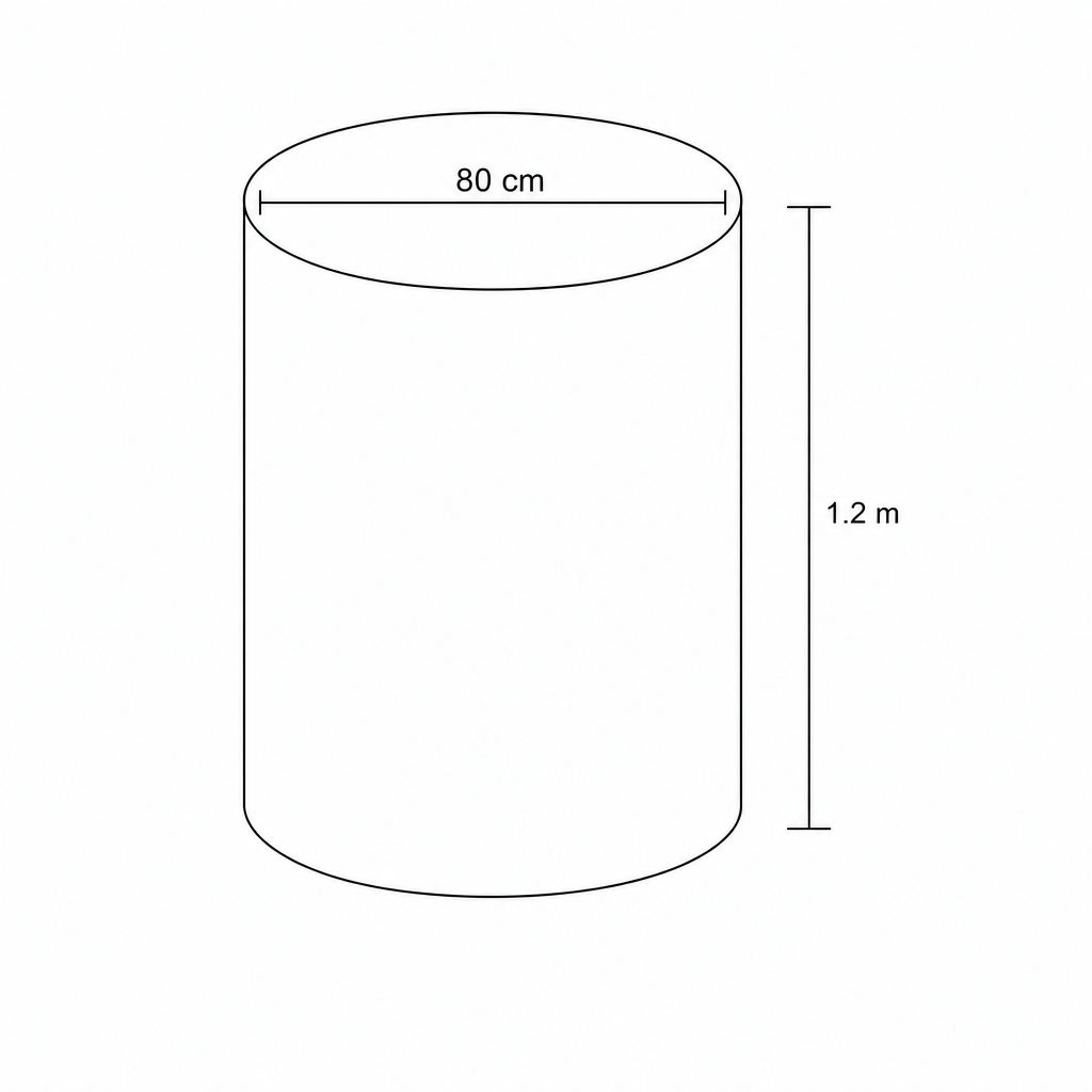 Diagram of a cylindrical drum with diameter 80 cm and height 1.2 m.