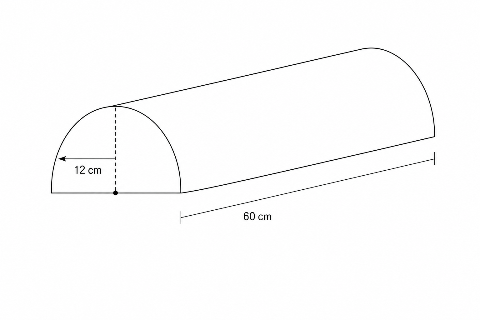 Diagram of a semi-cylinder with radius 12 cm and length 60 cm.