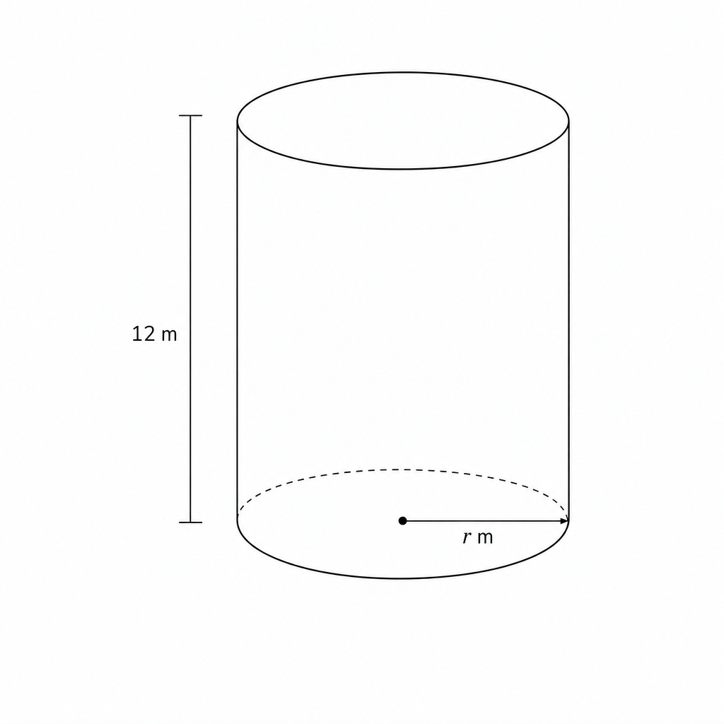 Diagram of a solid cylinder with radius r m and height 12 m.