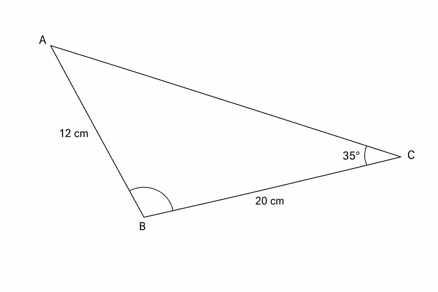 A triangle ABC with side AB = 12 cm, side BC = 20 cm, and angle C = 35 degrees.