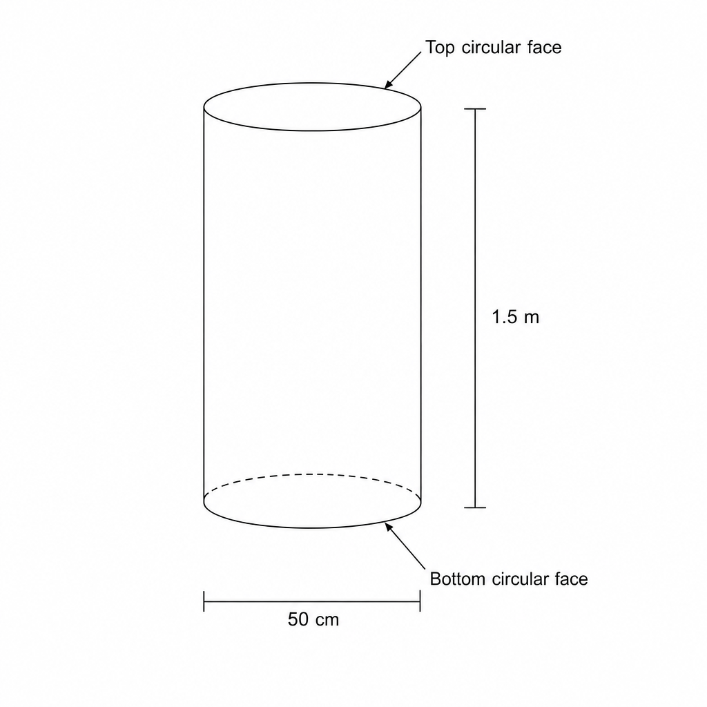 Diagram of a cylindrical tank with diameter 50 cm and height 1.5 m.