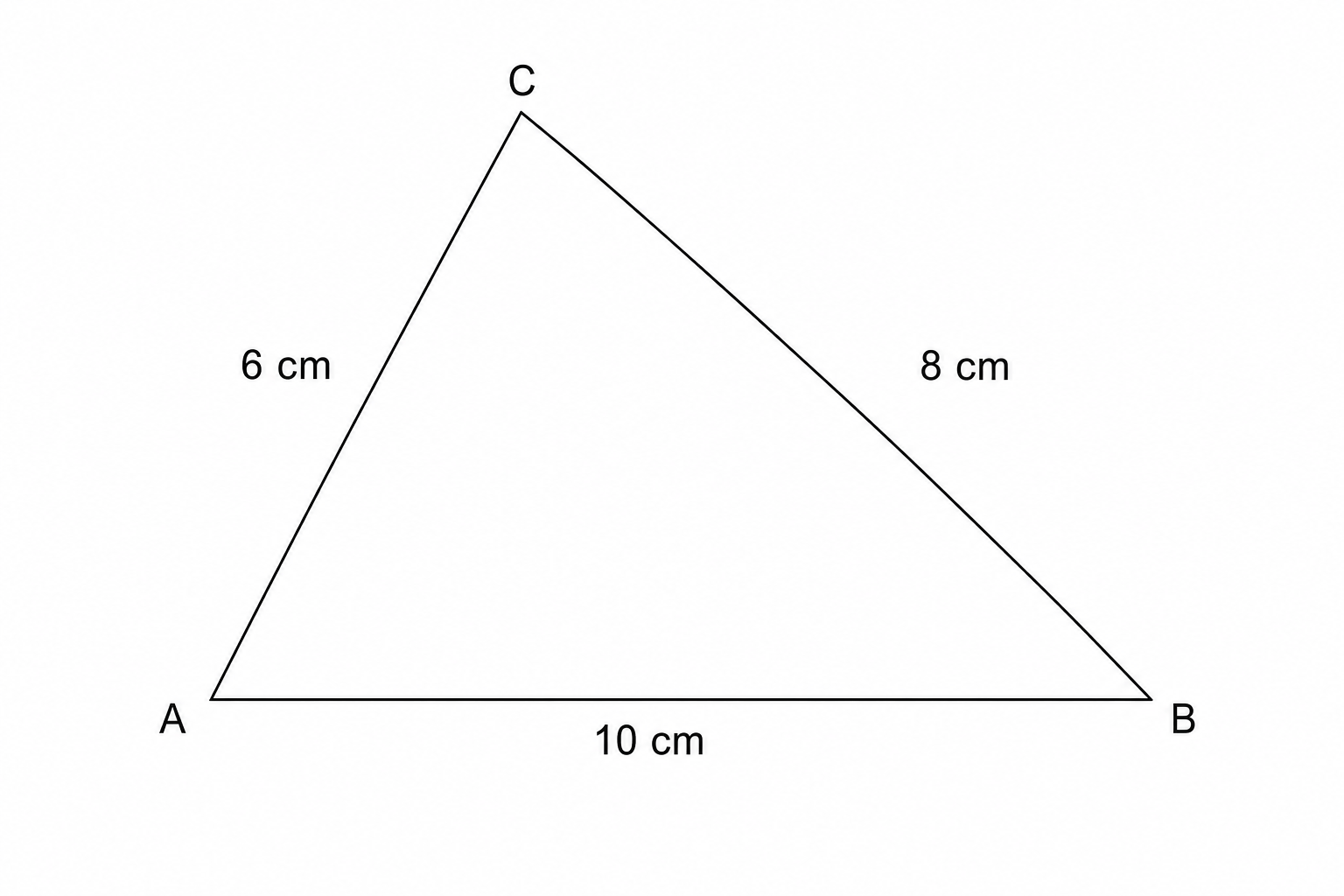 A diagram of triangle ABC. Vertex A is at the bottom left, vertex B is at the bottom right, and vertex C is at the top. The side AB is labeled 10 cm, side BC is labeled 8 cm, and side AC is labeled 6 cm.