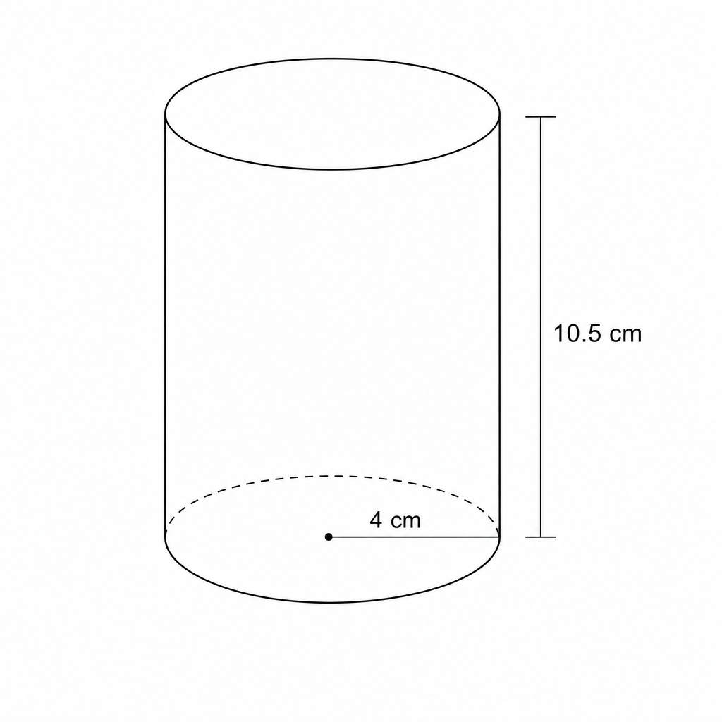 Diagram of a solid cylinder with radius 4 cm and height 10.5 cm.