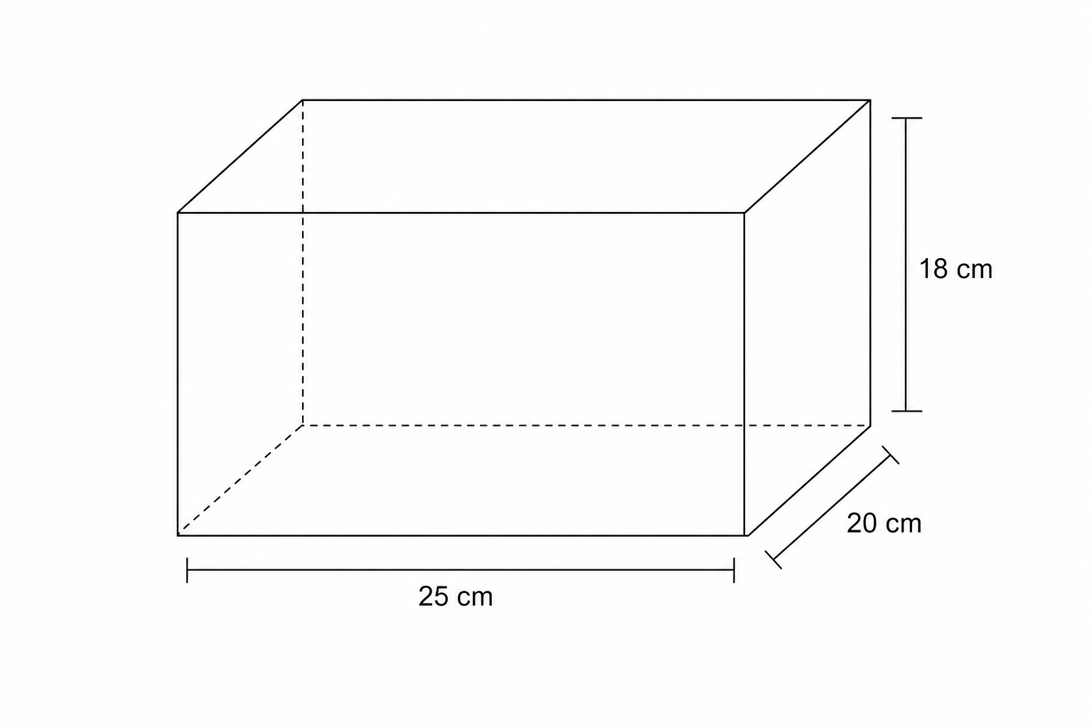 A 3D line drawing of a rectangular prism representing a fish tank with dimensions 25cm, 20cm, and 18cm.