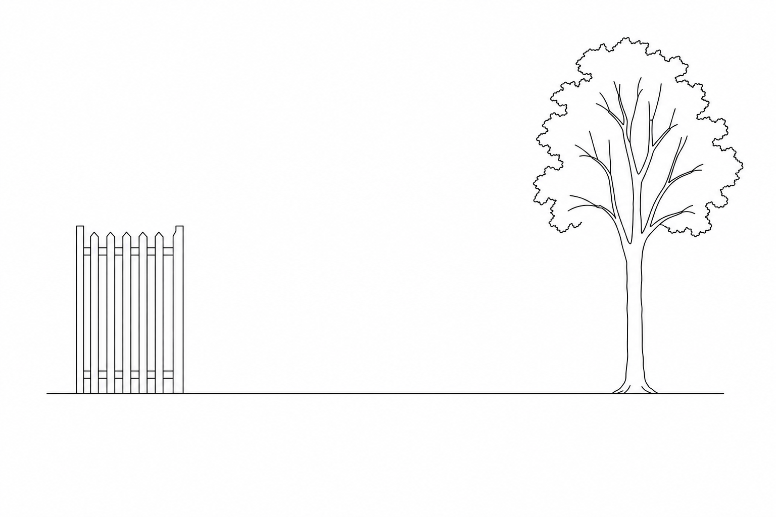 A scale drawing of a garden fence and a tree on a horizontal baseline.
