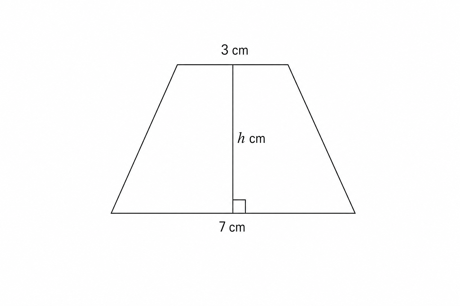 Diagram of a trapezium with parallel sides of 3 cm and 7 cm, and a perpendicular height h.