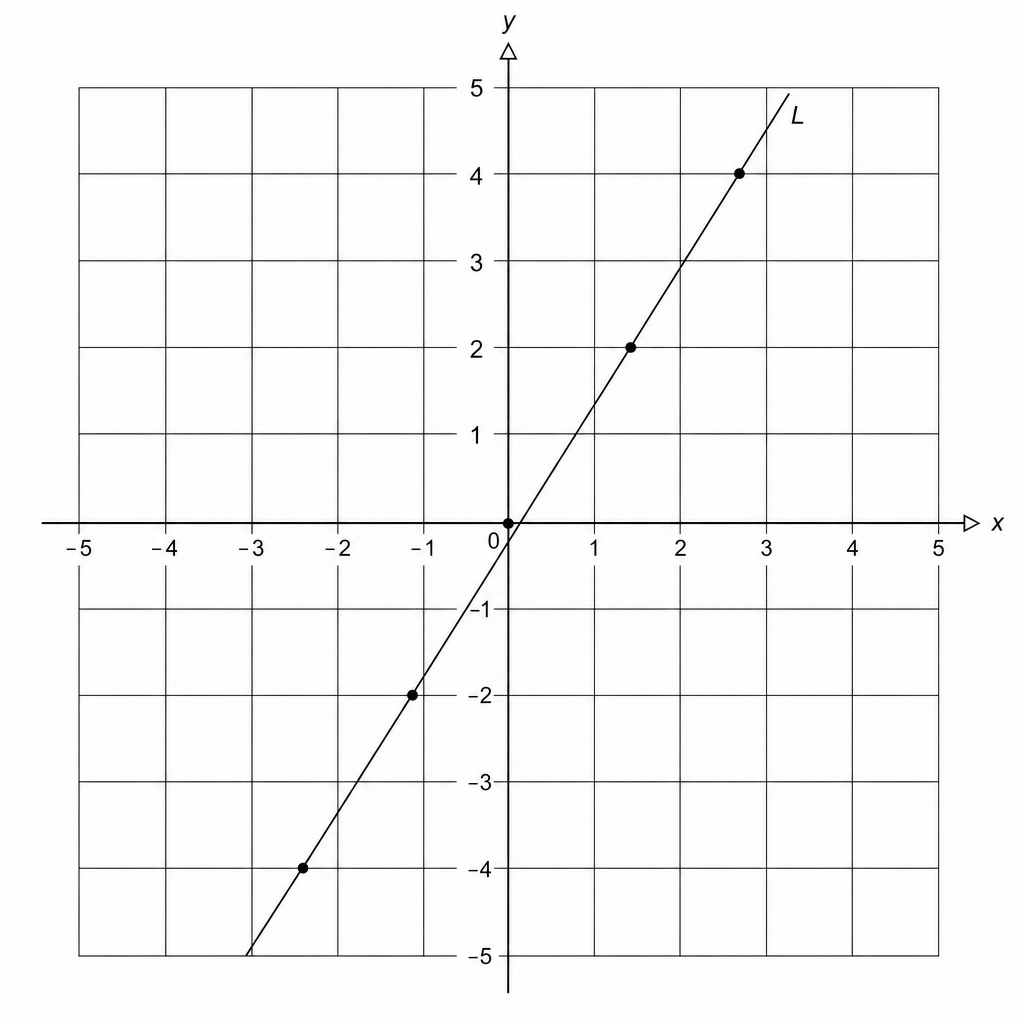 A coordinate grid with x and y axes ranging from -5 to 5. A line labeled L passes through the points (-2, -4), (-1, -2), (0, 0), (1, 2), and (2, 4).