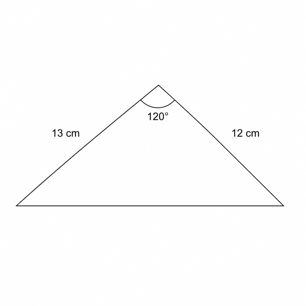 A triangle with two sides of length 13 cm and 12 cm, and an included angle of 120 degrees.