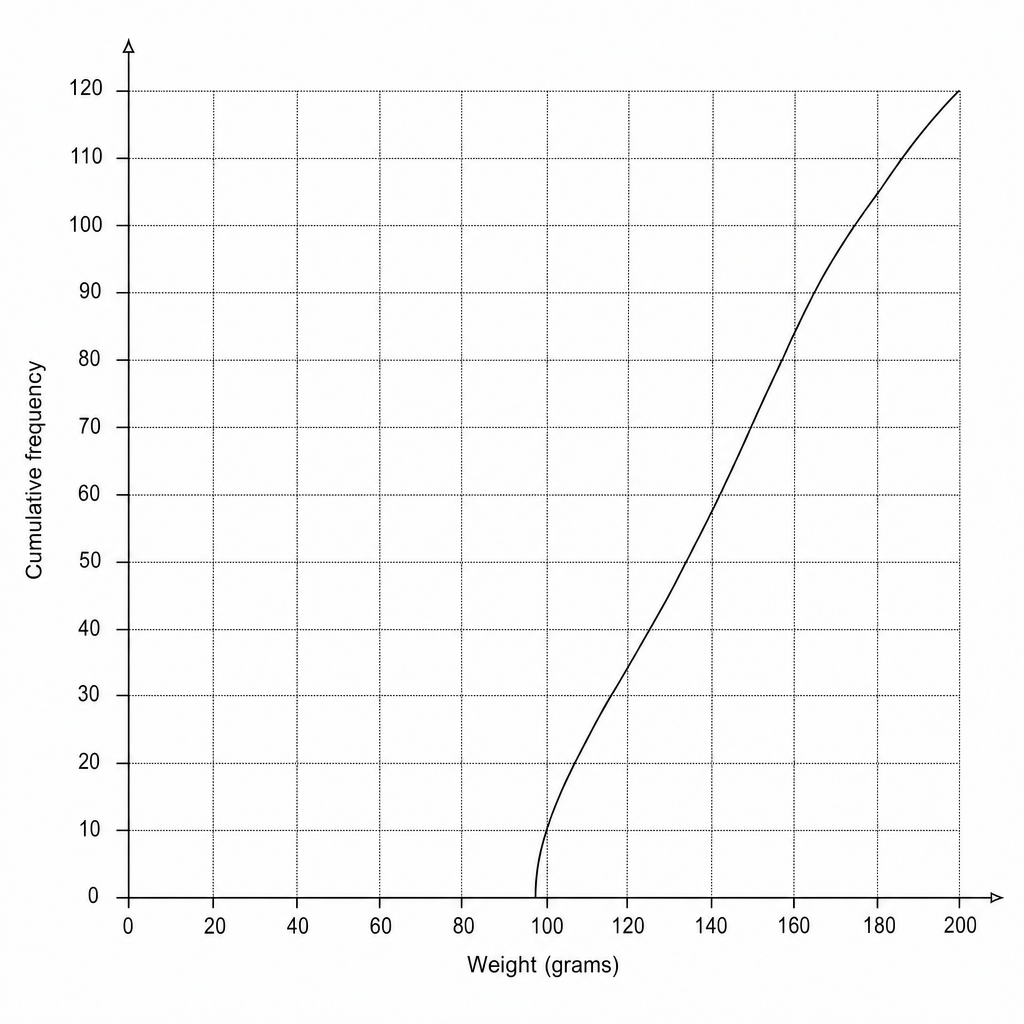 Cumulative frequency graph showing weight in grams.