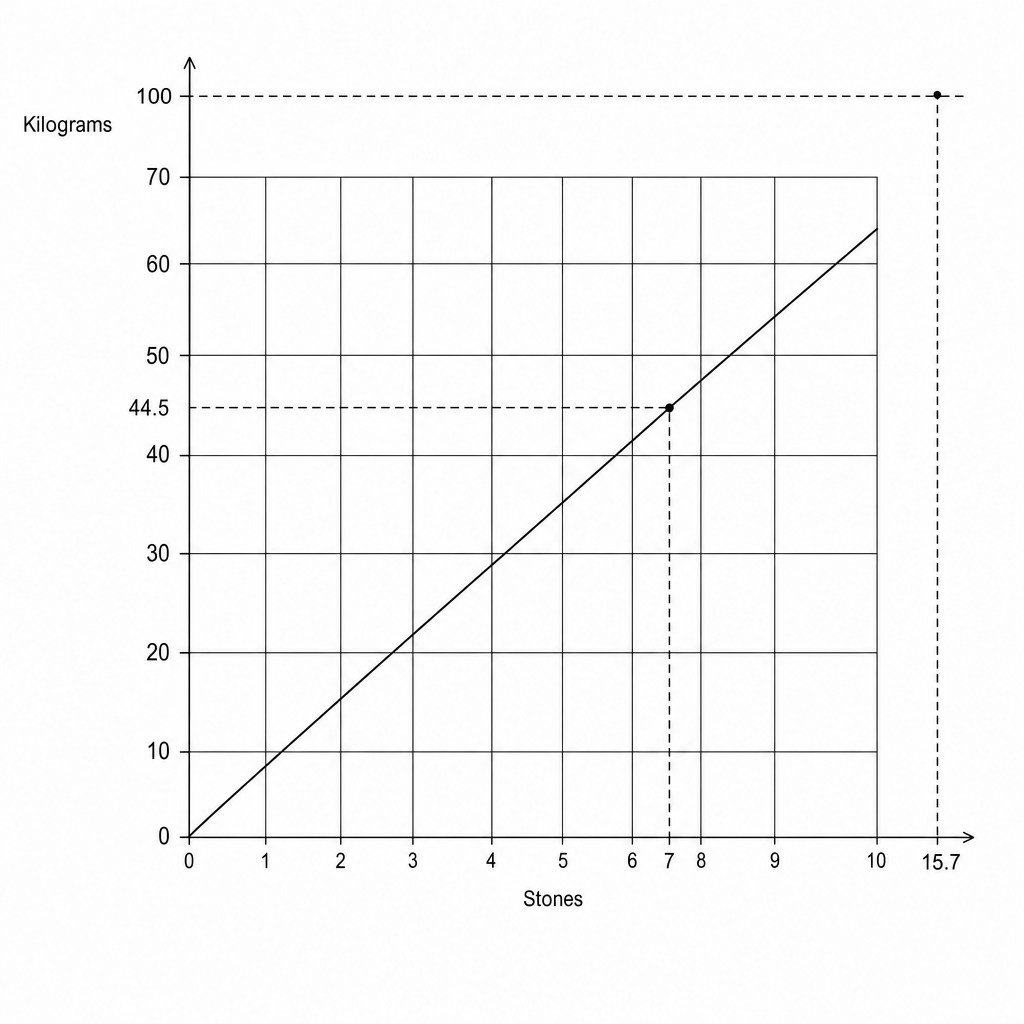 A line graph showing the conversion between stones and kilograms.