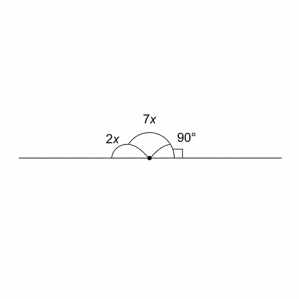 A diagram showing three angles 2x, 7x, and a right angle meeting at a point.