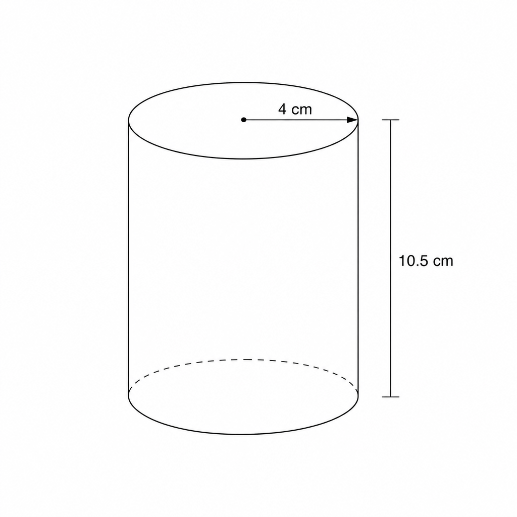 Diagram of a solid cylinder with radius 4 cm and height 10.5 cm.