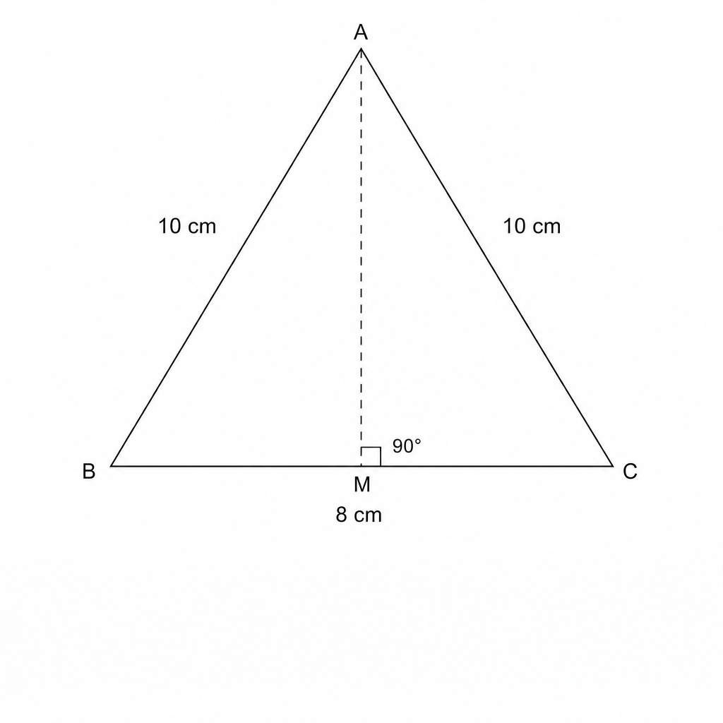 Diagram of an isosceles triangle ABC with base 8 cm and equal sides 10 cm.