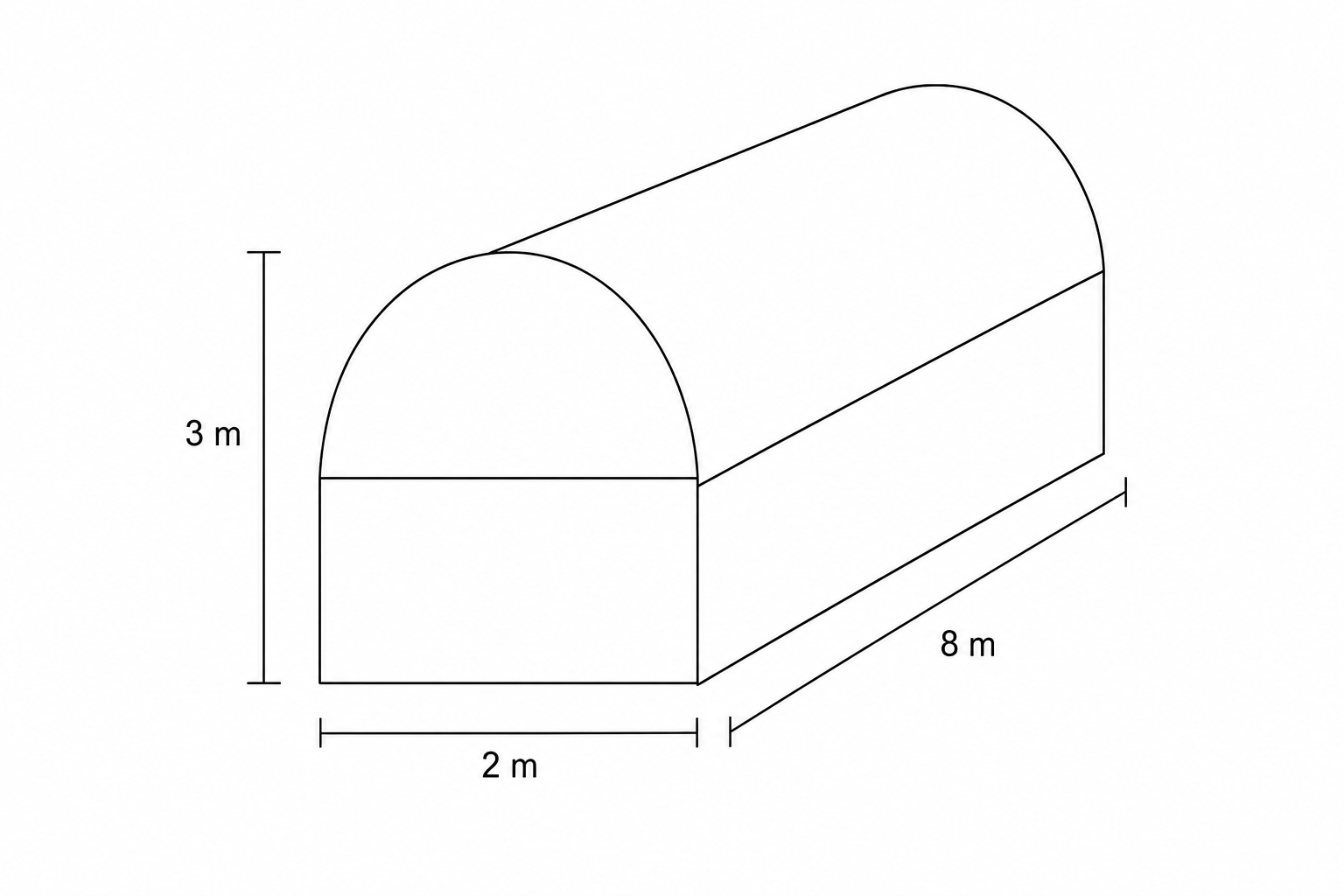 Diagram of a solid consisting of a rectangular prism with a half cylinder on top.