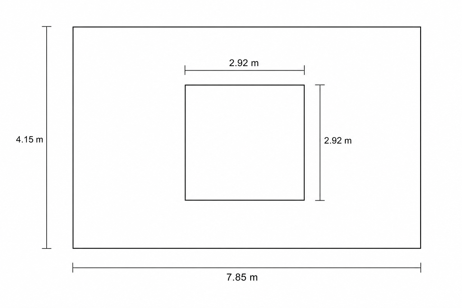 A diagram showing a large grey rectangle with a white square cut out. The left side of the grey rectangle is labeled 4.15 m. The bottom side of the grey rectangle is labeled 7.85 m. The top side of the white square is labeled 2.92 m. The right side of the white square is labeled 2.92 m.