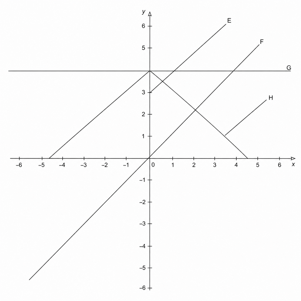 A graph showing four straight lines labeled E, F, G, and H on a coordinate grid.