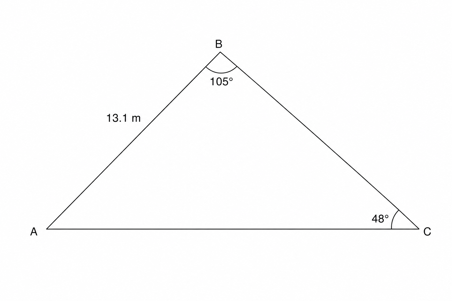 Triangle ABC with side AC = 13.1 m, angle B = 105 degrees, and angle C = 48 degrees.