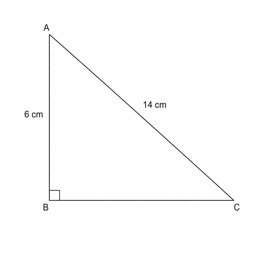 Right-angled triangle ABC with right angle at B. Side AB = 6 cm, hypotenuse AC = 14 cm.