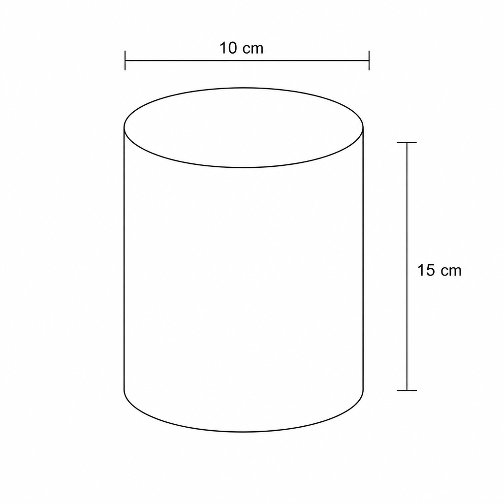 Diagram of a solid cylinder with diameter 10 cm and height 15 cm.