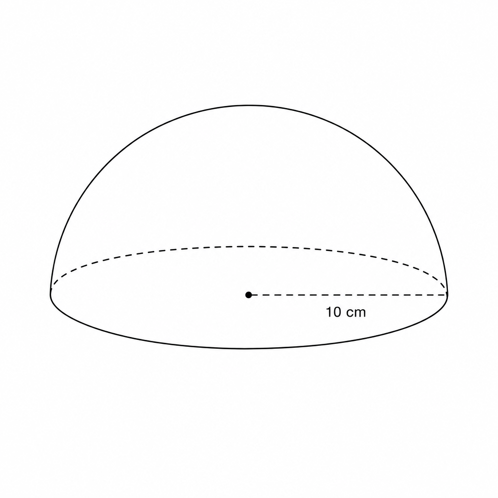 Diagram of a solid hemisphere with radius 10 cm.